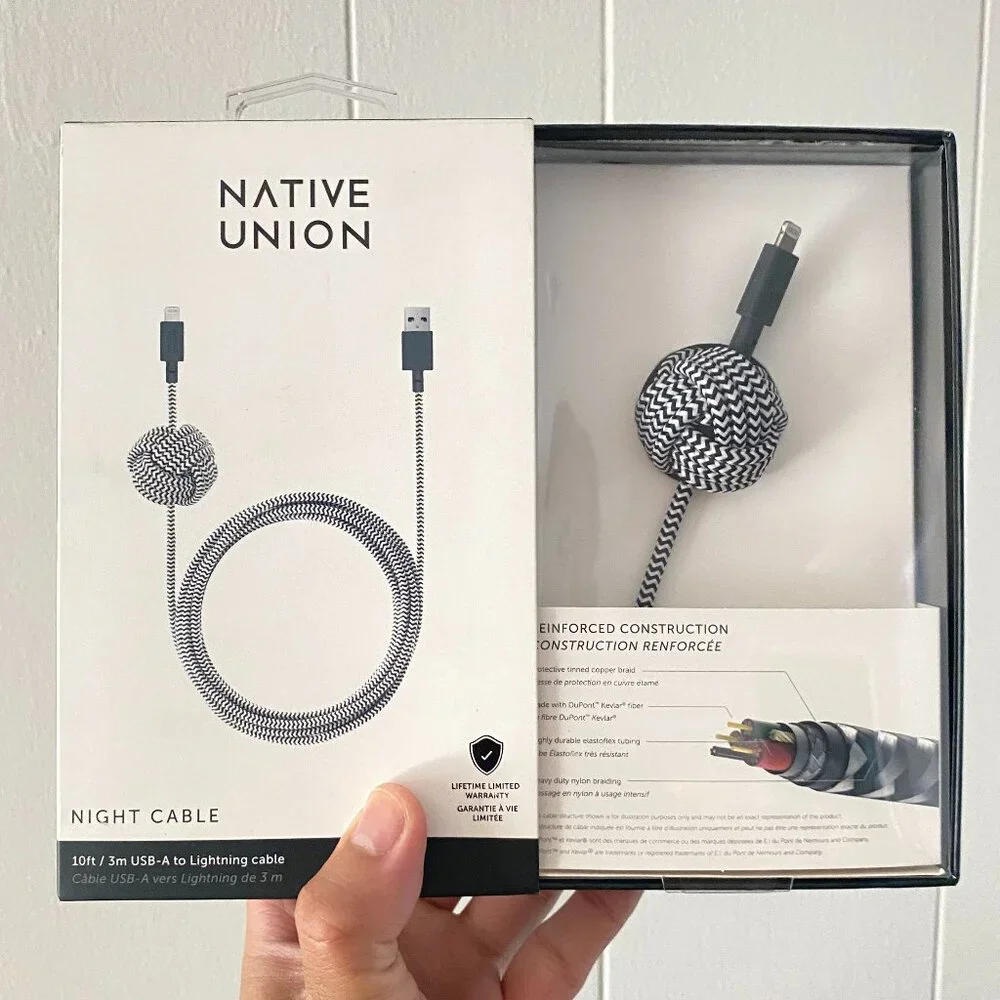 Native Union Night Cable USB-A Cable 10ft Zebra for iPhone iPad Reinforced Cable